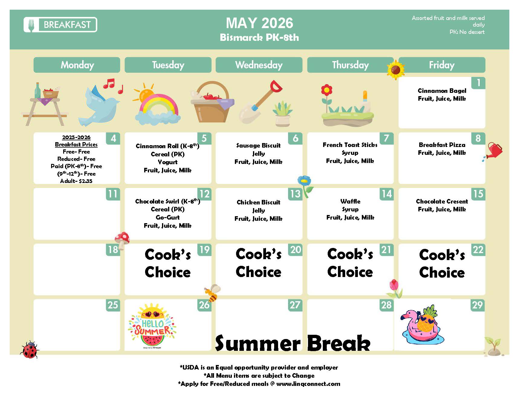 MAY BREAKFAST MENU FOR PREK - 8TH GRADE